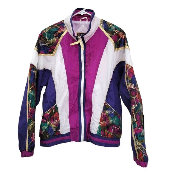 East West Vintage Bomber Nylon Windbreaker Full Zip Pink/Multi/Gold Women Sz M - Picture 2 of 8
